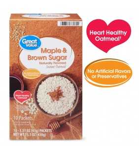 Great Value Maple & Brown Sugar Instant Oatmeal, 1.51 oz, 10 Count
