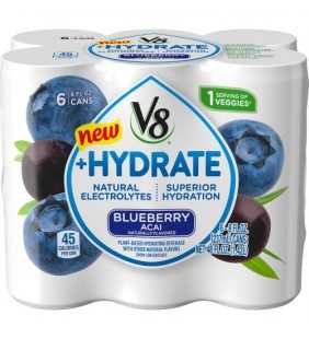V8 +Hydrate Plant-Based Hydrating Beverage, Blueberry Acai, 8 oz. Can (Pack of 6)