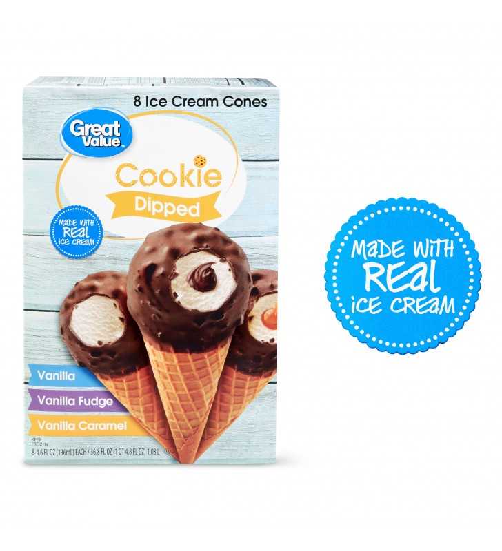 Great Value Cookie Dipped Ice Cream Cones Variety Pack Vanilla, Vanilla Fudge, Vanilla Caramel, 4.6 oz, 8 Count