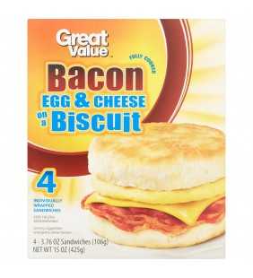 Great Value Fully Cooked Bacon Egg & Cheese on a Biscuit Sandwiches, 15 oz, 4 count
