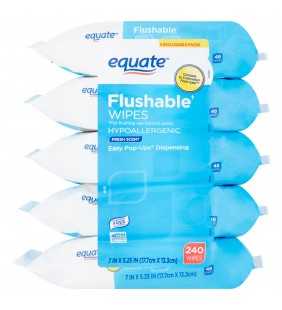 Equate Flushable Wipes, Fresh Scent, 5 packs of 48 wipes, 240 wipes total