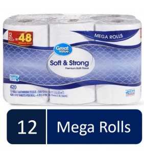 Great Value Soft & Strong Premium Bath Tissue, 12 Mega Rolls