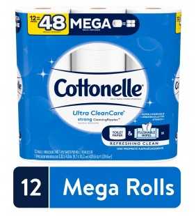 Cottonelle Ultra CleanCare Strong Toilet Paper, 12 Mega Rolls, Bath Tissue