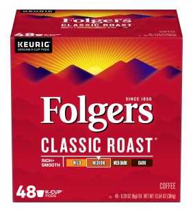 Folgers Classic Roast K-Cup Coffee Pods, Medium Roast, 48 Count For Keurig and K-Cup Compatible Brewers